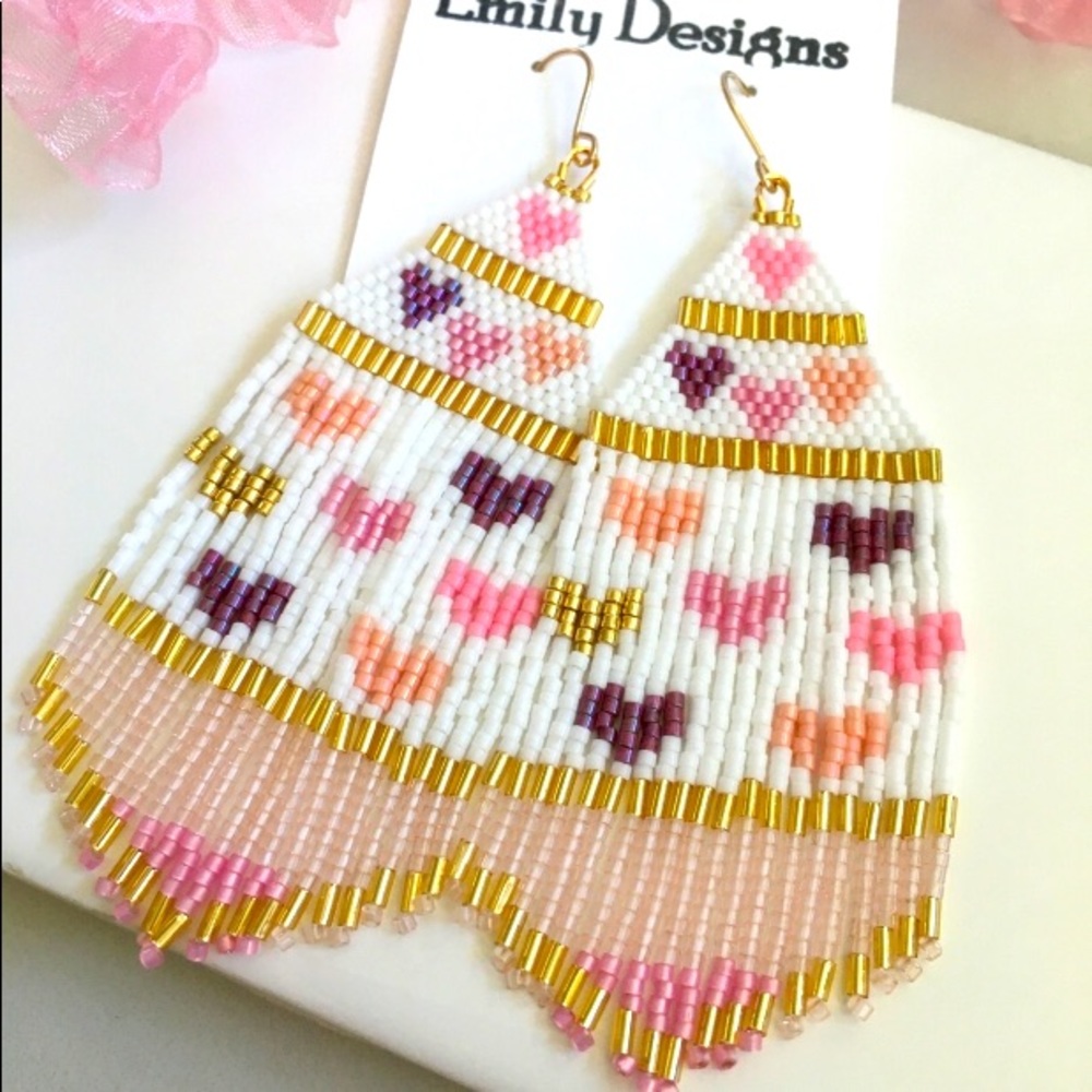 Pink hearts beaded fringe earrings